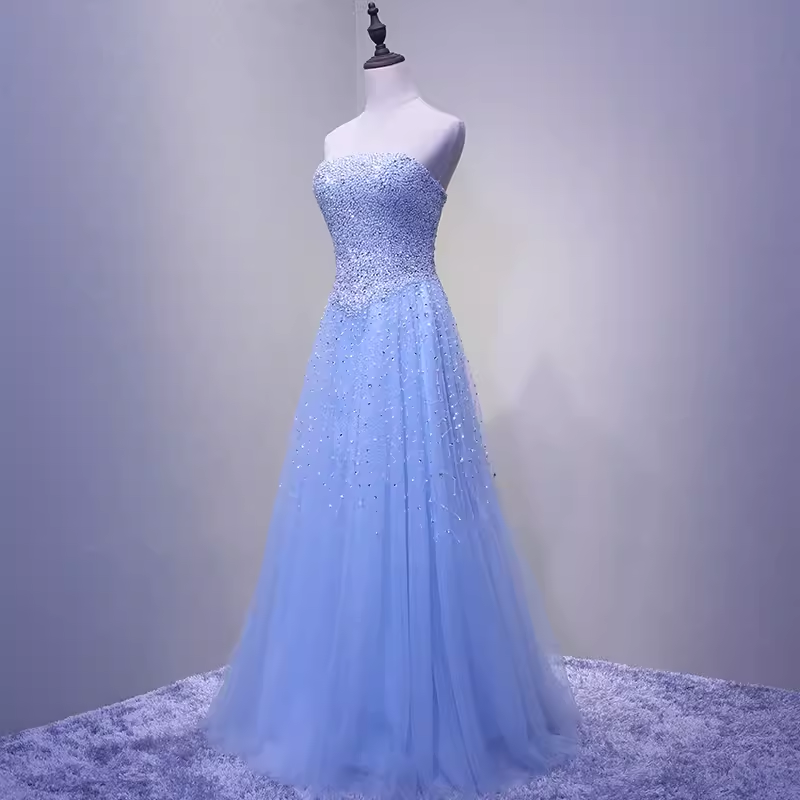 Elegant A line Strapless Sleelves Long Light Sky Blue Prom Dress B428