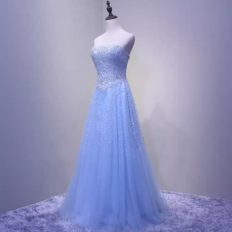 Robe de bal élégante ligne A, sans bretelles, longue, bleu ciel clair, B428