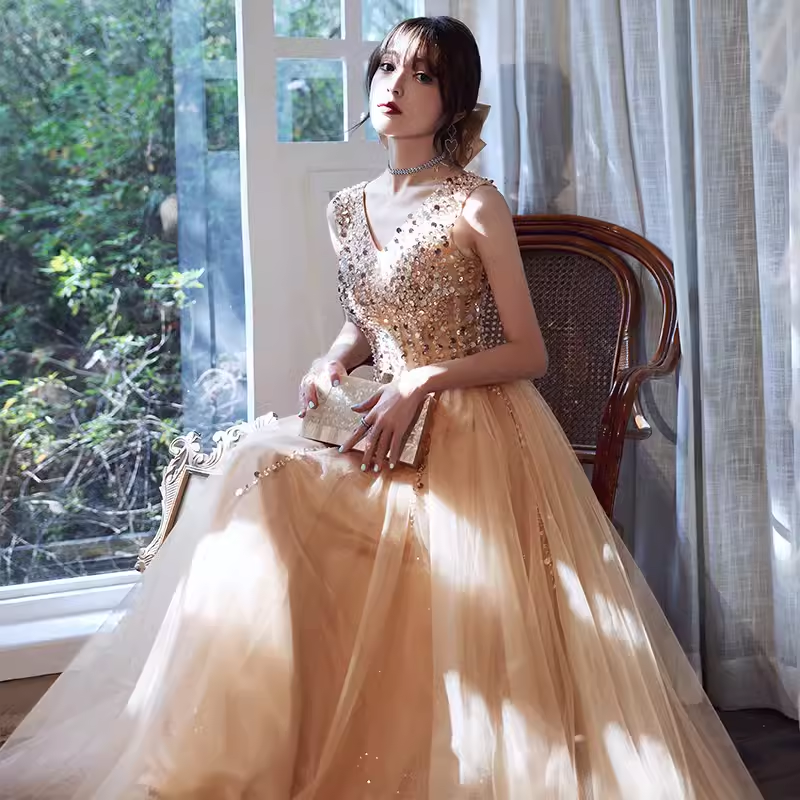 Elegant A line V Neckline Tulle Long Champagne Prom Dress B430