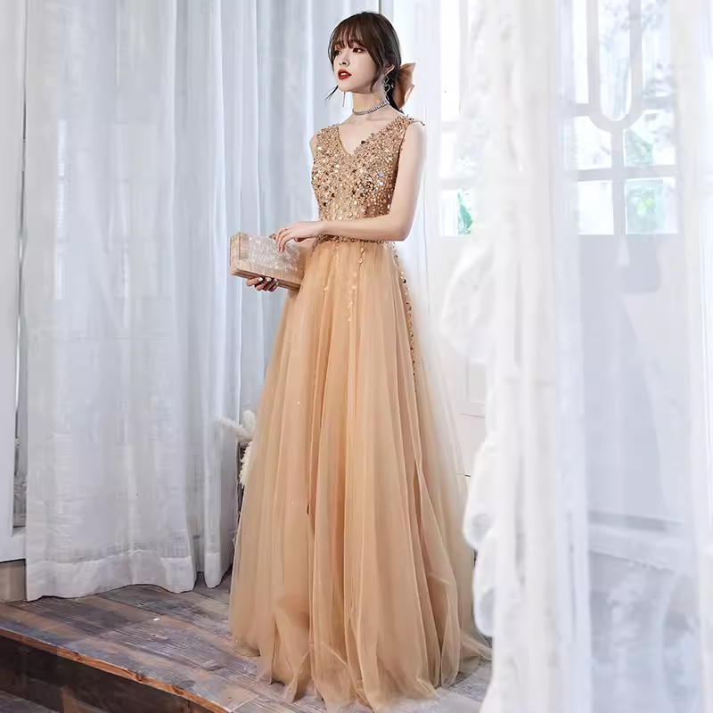 Elegant A line V Neckline Tulle Long Champagne Prom Dress B430