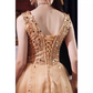 Elegant A line V Neckline Tulle Long Champagne Prom Dress B430