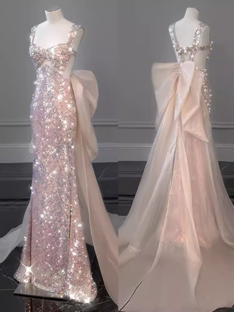 Elegant Mermaid Straps Long Sequin Prom Dress B432