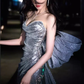 Elegant Mermaid Strapless Long Sequin Silver Prom Dress B433