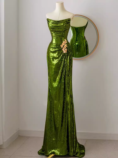 Robe de bal élégante sirène sans bretelles longue à paillettes verte B435