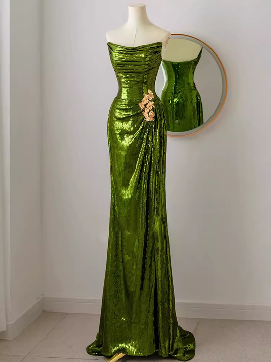 Elegant Mermaid Strapless Long Sequin Green Prom Dress B435