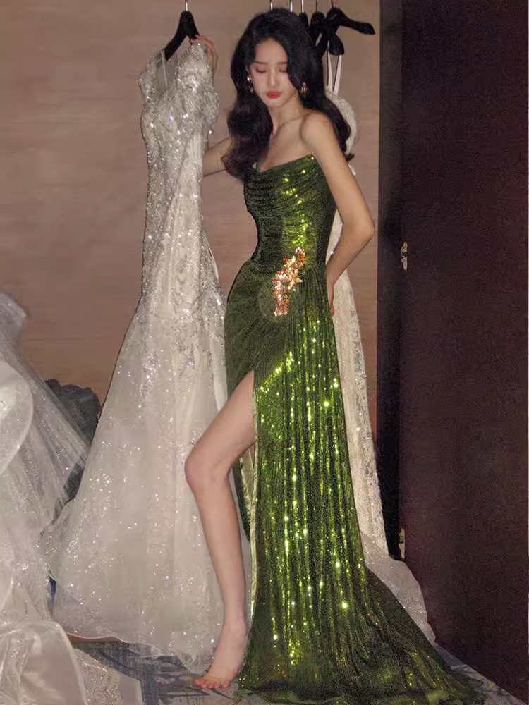 Elegant Mermaid Strapless Long Sequin Green Prom Dress B435
