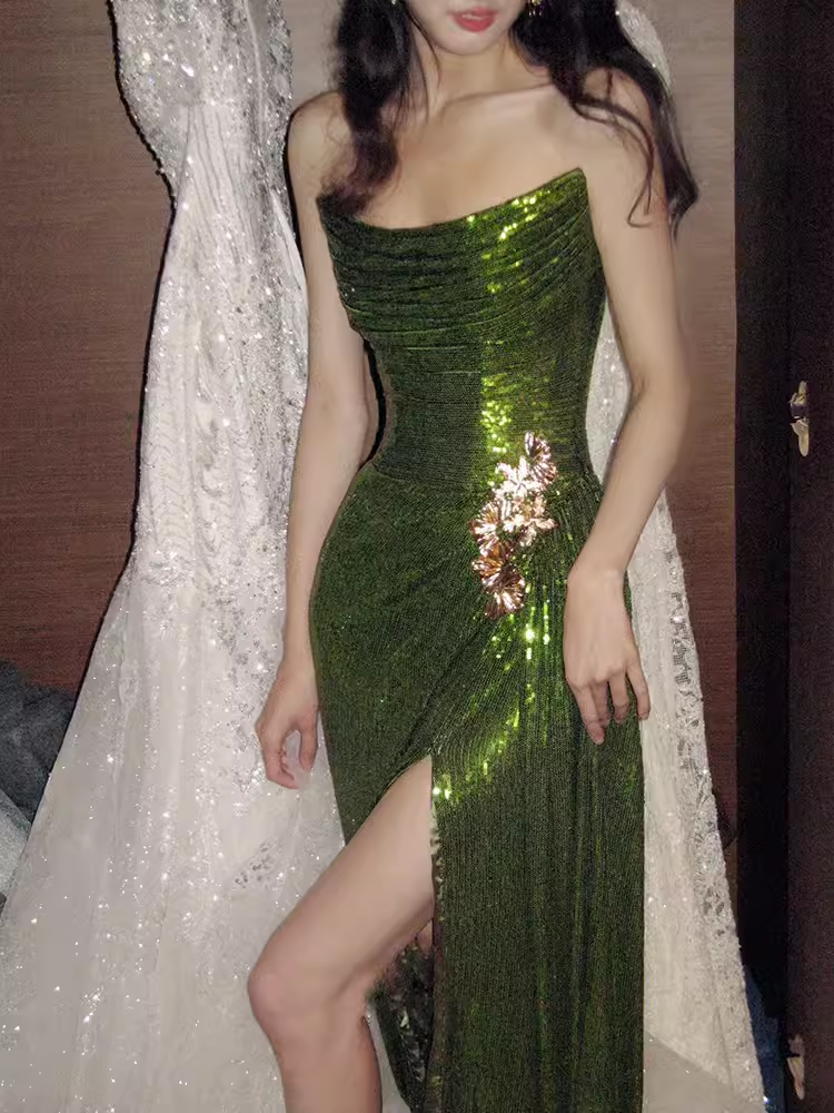Elegant Mermaid Strapless Long Sequin Green Prom Dress B435