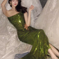 Elegant Mermaid Strapless Long Sequin Green Prom Dress B435