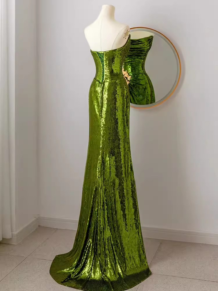 Robe de bal élégante sirène sans bretelles longue à paillettes verte B435