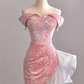 Elegant High Low Strapless Sequin Pink Velvet Prom Dress B436