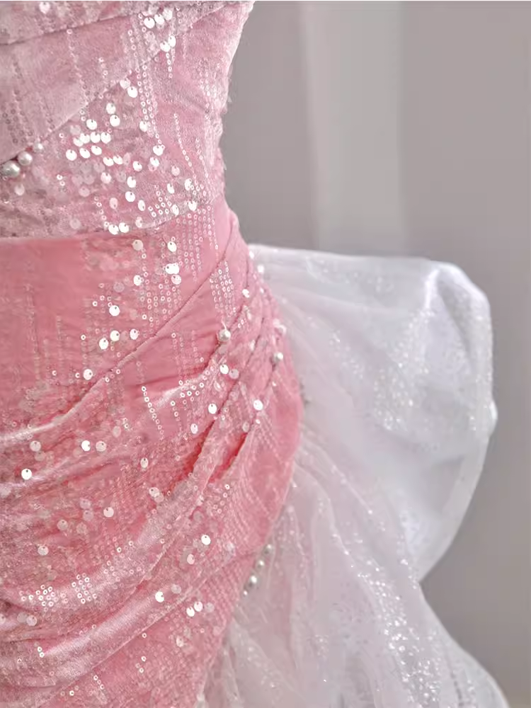 Elegant High Low Strapless Sequin Pink Velvet Prom Dress B436