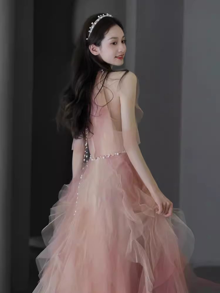 Lovely A line Pink Tulle Long Prom Dress B653