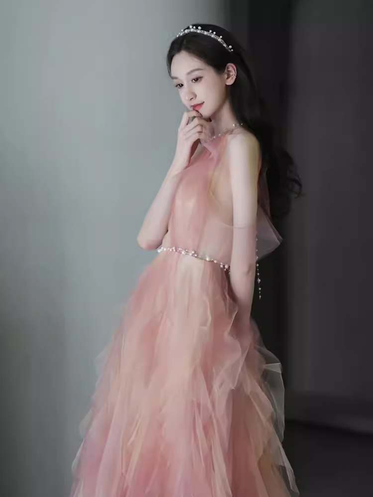 Lovely A line Pink Tulle Long Prom Dress B653