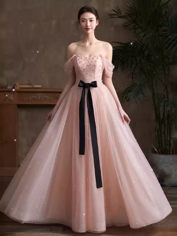 Lovely A line Pink Tulle Cap Sleeves Long Prom Dress B654