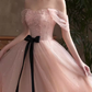 Lovely A line Pink Tulle Cap Sleeves Long Prom Dress B654