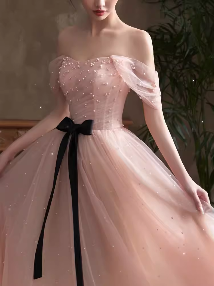 Lovely A line Pink Tulle Cap Sleeves Long Prom Dress B654