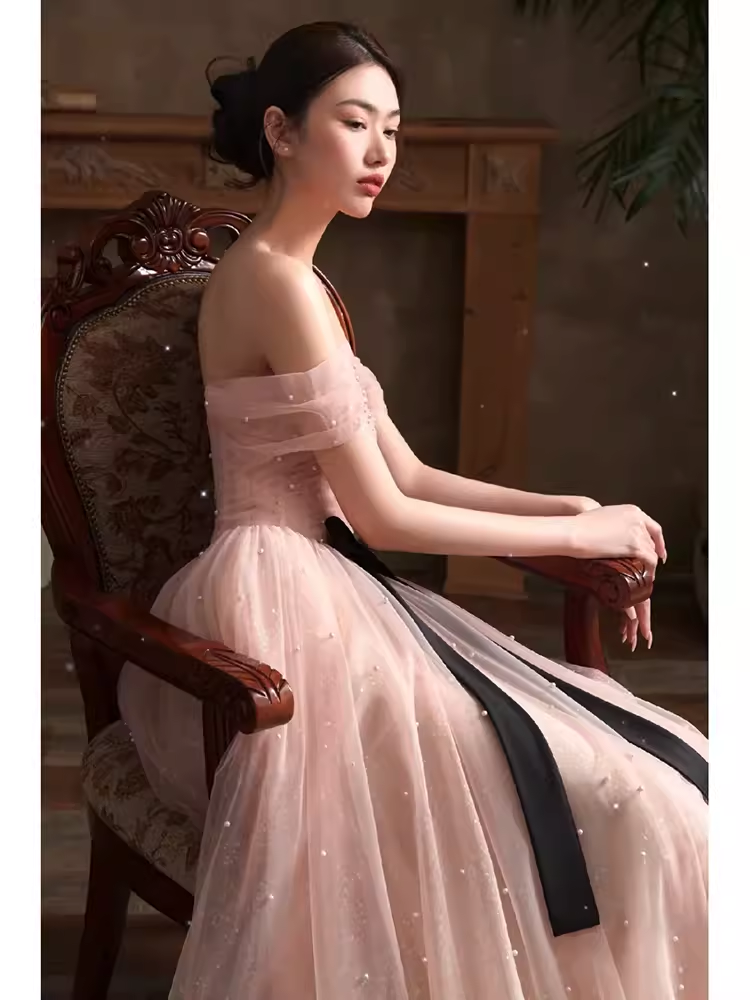 Lovely A line Pink Tulle Cap Sleeves Long Prom Dress B654