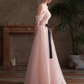 Lovely A line Pink Tulle Cap Sleeves Long Prom Dress B654