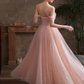 Lovely A line Pink Tulle Cap Sleeves Long Prom Dress B654