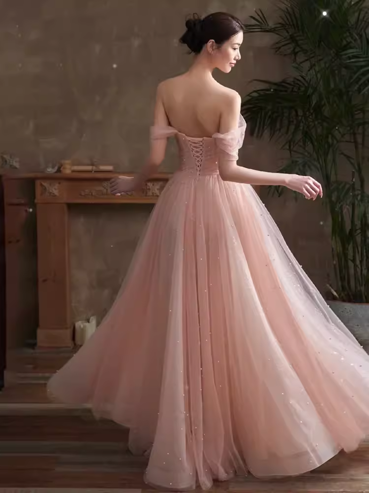 Lovely A line Pink Tulle Cap Sleeves Long Prom Dress B654