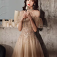 Jolie robe de bal en Tulle, ligne A, épaules dénudées, manches cape, Champagne, B655