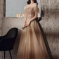 Jolie robe de bal en Tulle, ligne A, épaules dénudées, manches cape, Champagne, B655