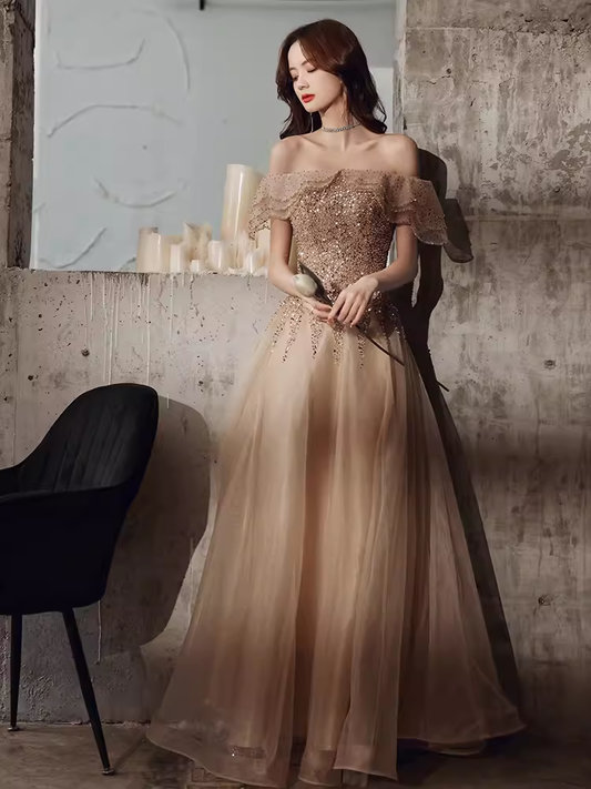 Lovely A line Off The Shoulder Tulle Cap Sleeves Champagne Prom Dress B655
