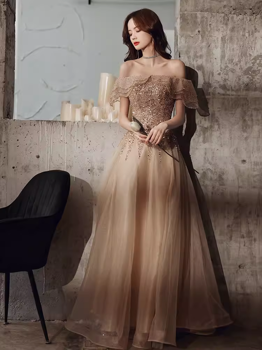 Jolie robe de bal en Tulle, ligne A, épaules dénudées, manches cape, Champagne, B655