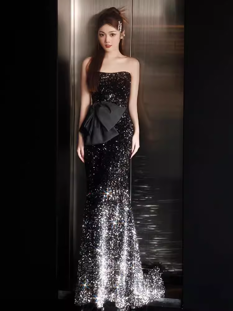 Lovely Mermaid Strapless Black Sequin Long Prom Dress B656