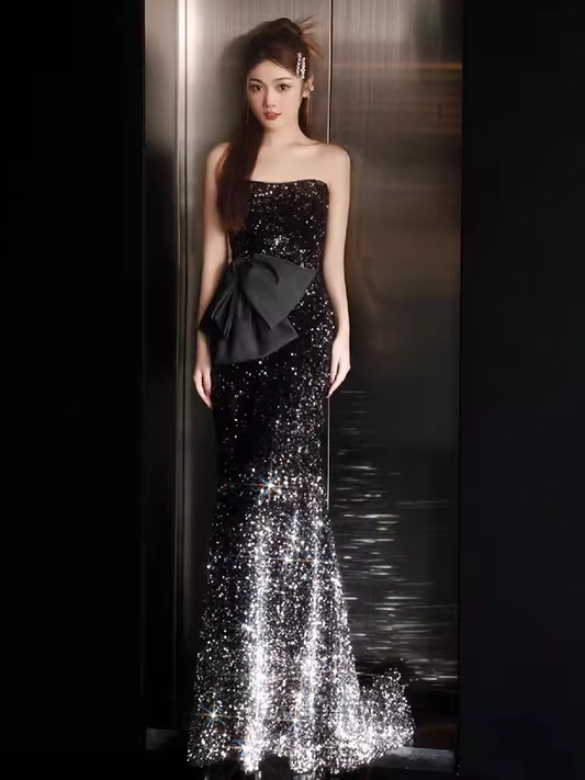 Belle robe de bal longue sirène sans bretelles à paillettes noires B656