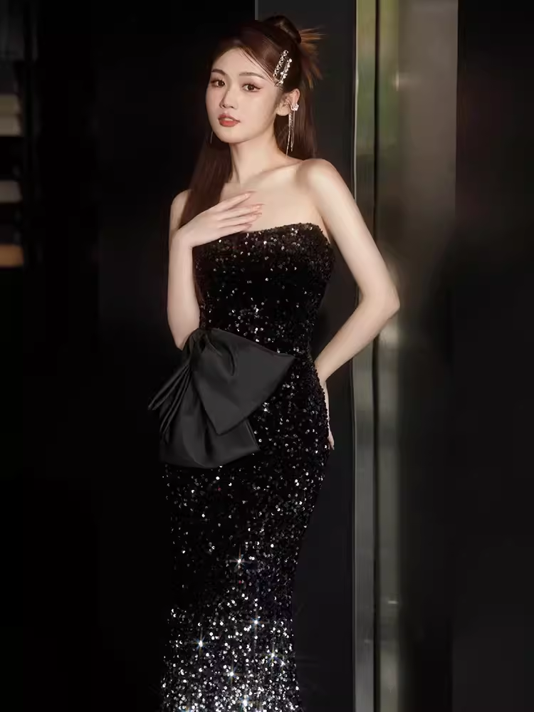 Lovely Mermaid Strapless Black Sequin Long Prom Dress B656