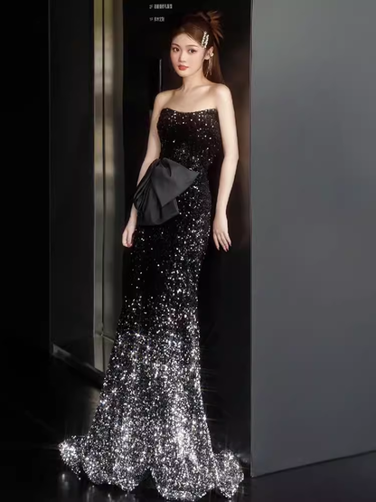 Lovely Mermaid Strapless Black Sequin Long Prom Dress B656