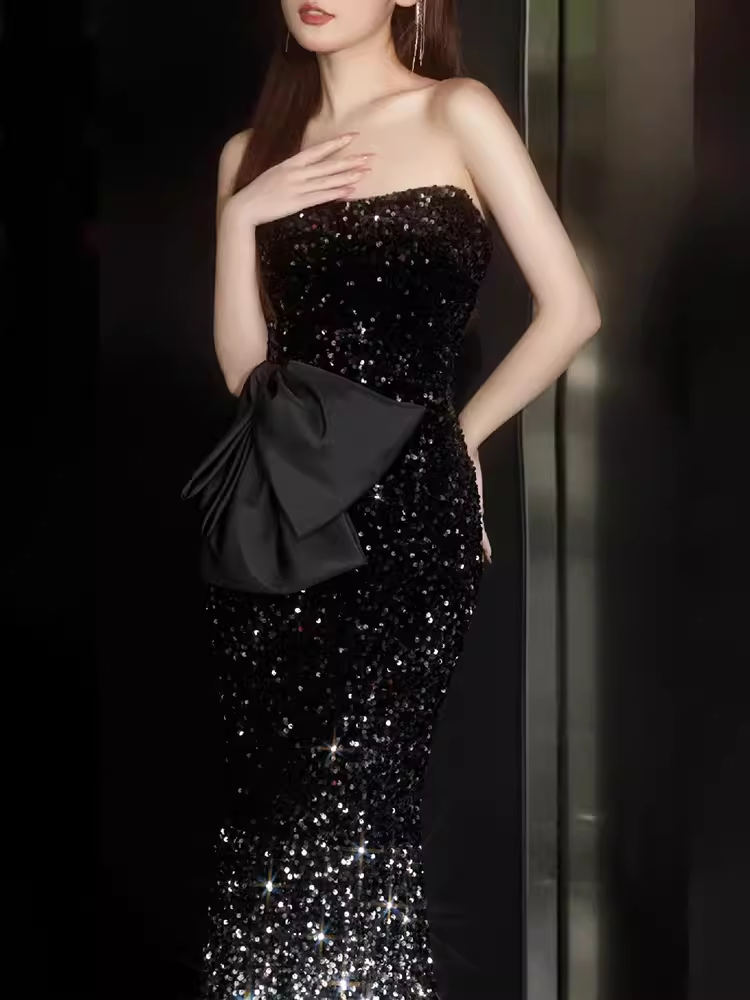 Lovely Mermaid Strapless Black Sequin Long Prom Dress B656