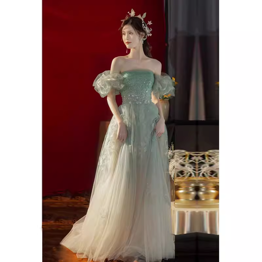 Jolie robe de bal longue en Tulle vert menthe, ligne A, épaules dénudées, B657