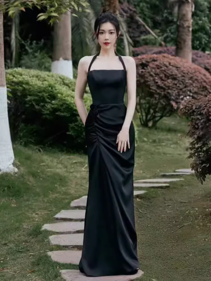 Sexy Mermaid Halter Black Satin Long Prom Dress B659