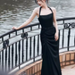 Sexy Mermaid Halter Black Satin Long Prom Dress B659