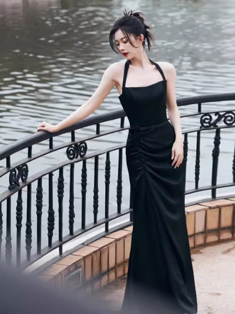 Sexy Mermaid Halter Black Satin Long Prom Dress B659