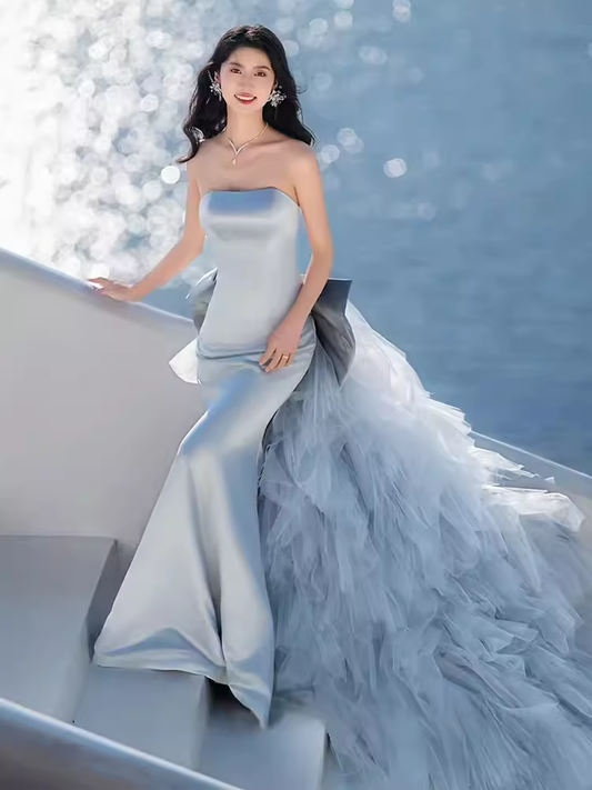 Sexy Mermaid Strapless Blue Satin Long Prom Dress B660