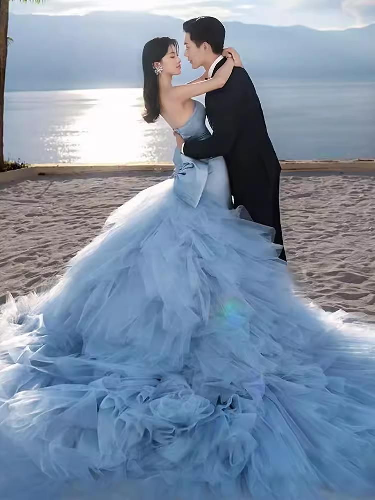Sexy Mermaid Strapless Blue Satin Long Prom Dress B660