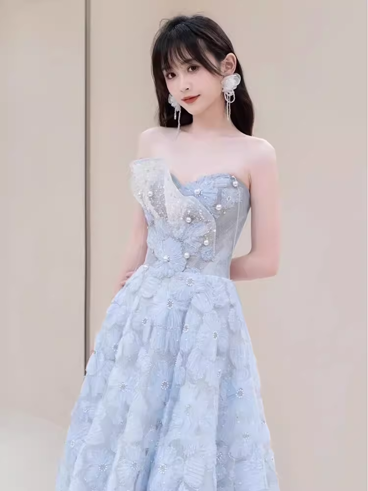 Sexy A line Strapless Blue Lace Long Prom Dress B661