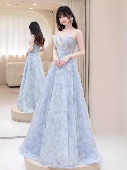 Sexy A line Strapless Blue Lace Long Prom Dress B661