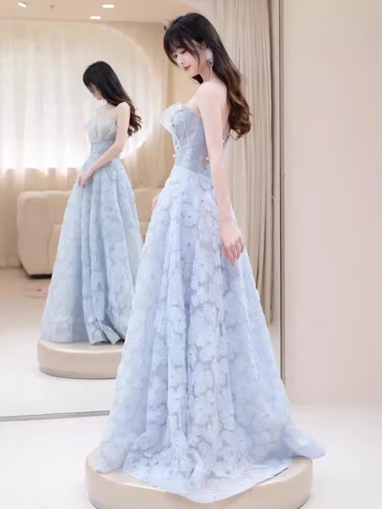 Sexy A line Strapless Blue Lace Long Prom Dress B661