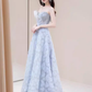 Sexy A line Strapless Blue Lace Long Prom Dress B661