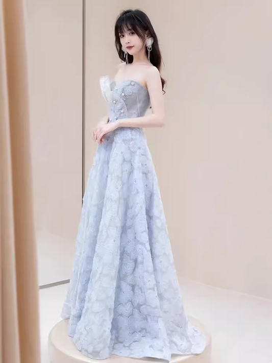 Robe de bal longue en dentelle bleue, ligne A, sexy, sans bretelles, B661