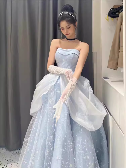 Ball Gown Strapless Blue Lace Long Prom Dress B662