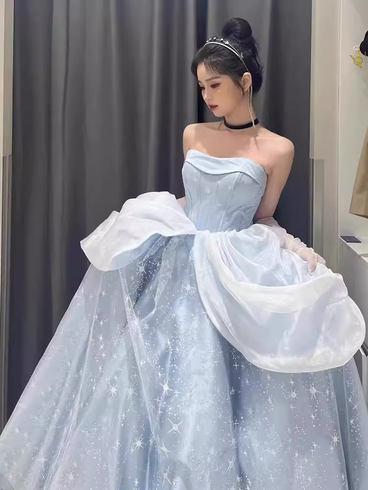 Ball Gown Strapless Blue Lace Long Prom Dress B662