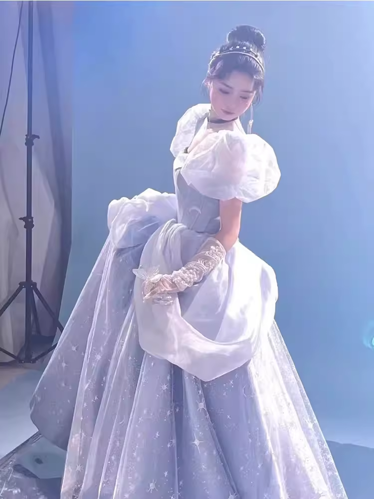 Ball Gown Strapless Blue Lace Long Prom Dress B662