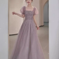 A line Square Neckline Puffy Sleeves Tulle Long Prom Dress B663