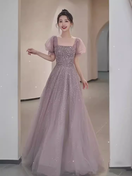 Une ligne encolure carrée manches bouffantes robe de bal longue en tulle B663