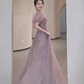 A line Square Neckline Puffy Sleeves Tulle Long Prom Dress B663